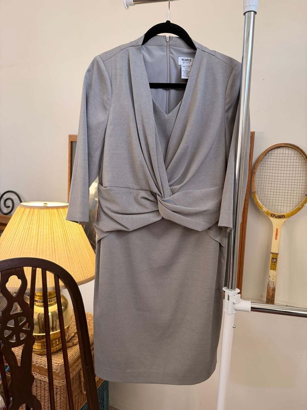 Classy Chic Gray Twist Front Midi Dress Formal Career Office Sleeved Dress